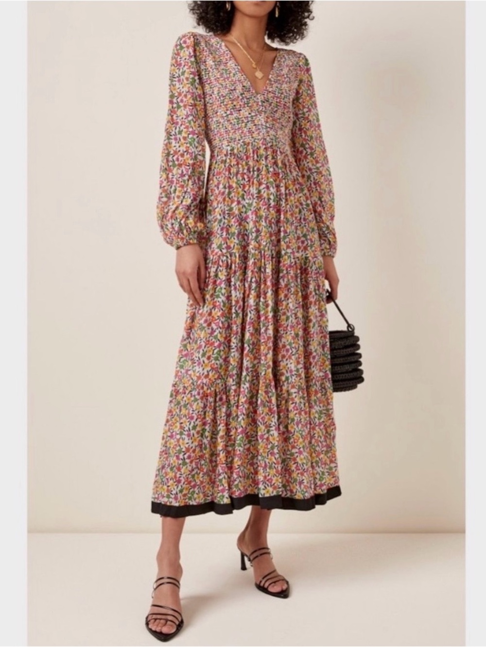 RIXO Size M Medium Brooke Paisley Floral Print Smocked Long Sleeve Midi Dress